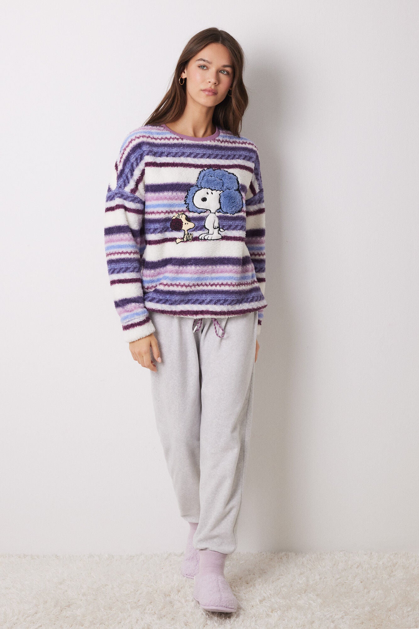 Snoopy striped velvet long pajamas