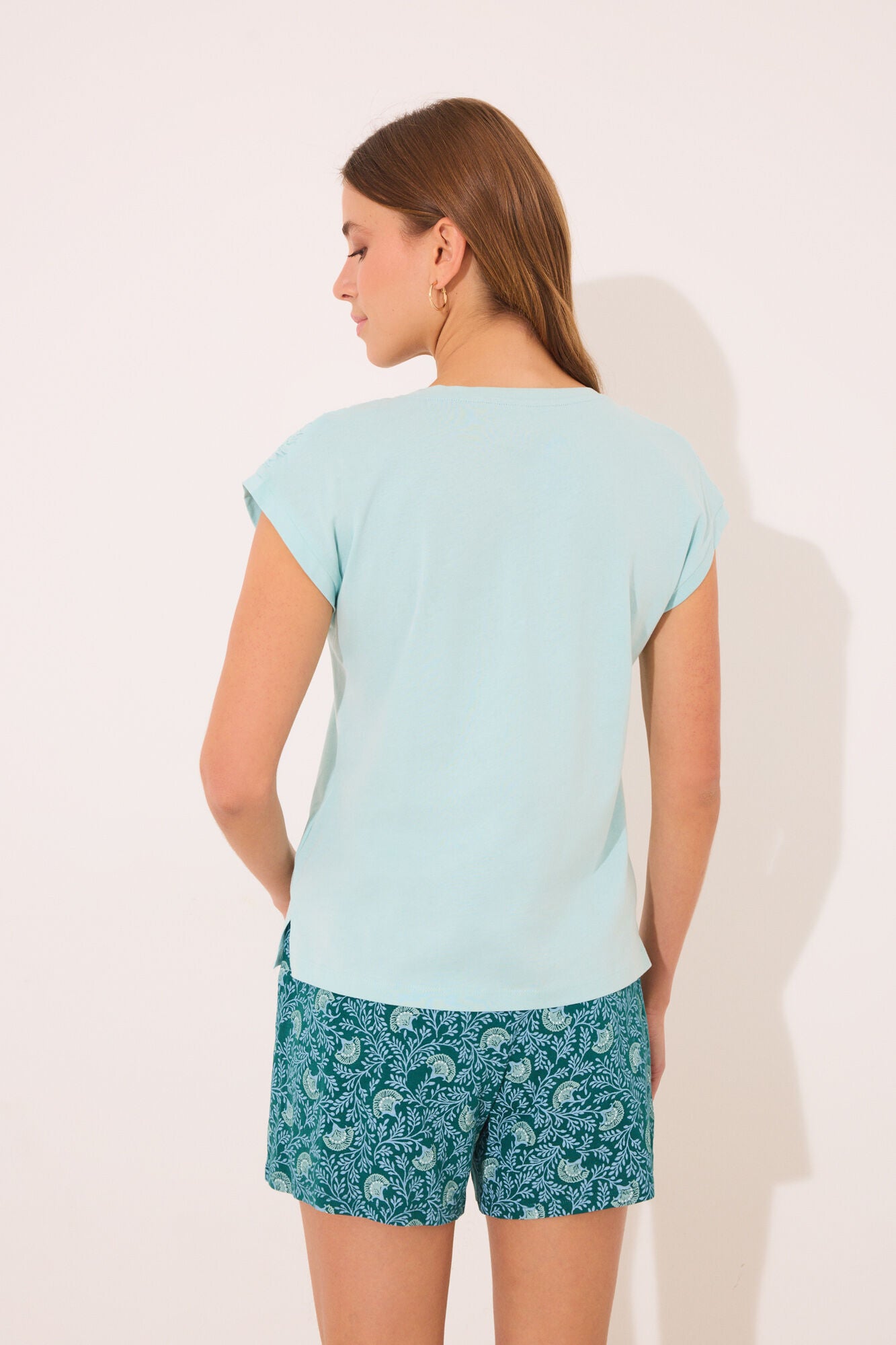 Short pyjamas 100% cotton green flowers